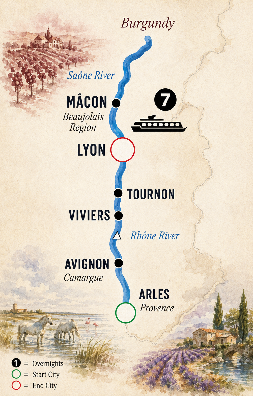 Illustrated map of the Rhône and Saône river cruise route from Arles through Avignon, Viviers, Tournon and Mâcon to Lyon