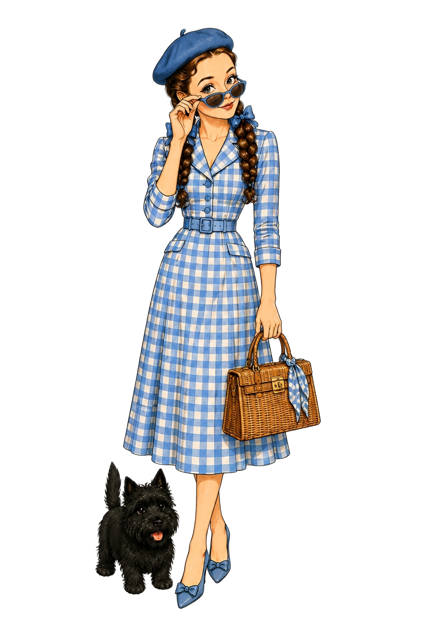 Dorothy, dressed for travel in a blue gingham dress and beret, with her small black dog