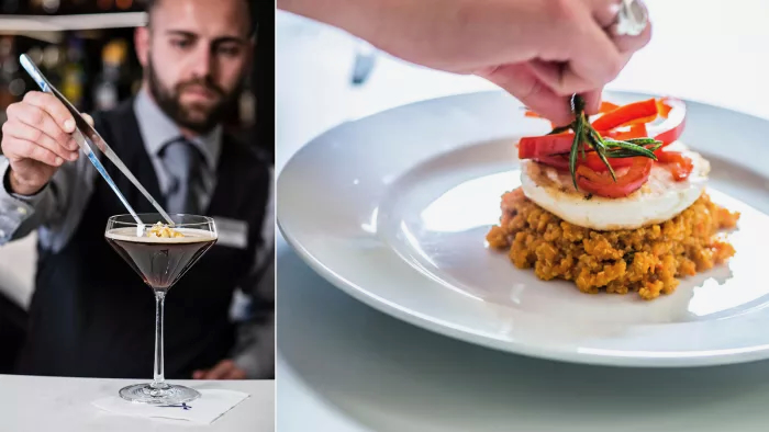 A bartender finishing a coupe cocktail, and a hand garnishing a plated vegetable dish